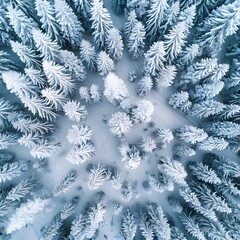 Aerial view of a snow-covered forest, a winter landscape background