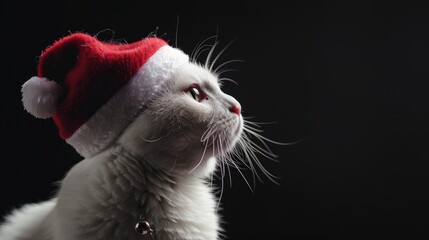 Santa Cat wearing red hat on black backdrop White feline gazes aside Festive greetings with Santa s helper