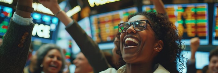 Obraz premium Successful young woman enjoying winning in finance, smiling, expressing positive emotion indoors.