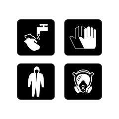Illustrated vectors of workplace safety, washing hands, wearing robes, and wearing face masks