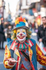 A colorful festival procession featuring people in vibrant costumes and masks, celebrating culture and tradition with music and dance.