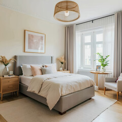 A wide-angle bedroom with a 5-foot bed and a soft mattress. There is a bedside lamp. Reading table by the window in the room, decorated in a cute style with pastel tones.