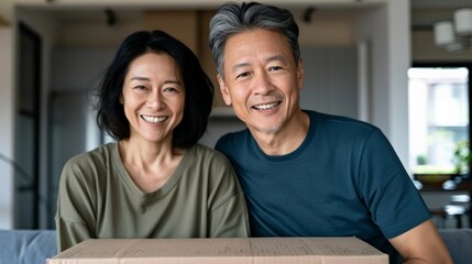 Happy middle-aged couple enjoying a moment together at home, sitting in a cozy living room with a box in front of them.