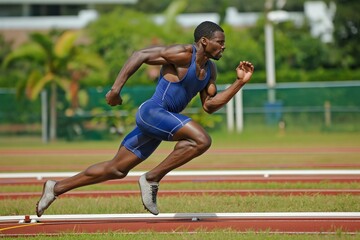 Fototapeta premium A professional jogger trains in the stadium, channeling energy and determination for a speedy workout session.