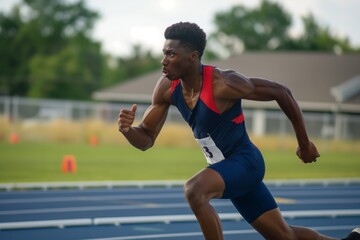 In the stadium, a determined runner prepares for a race, showcasing speed and athleticism in the summer sun.