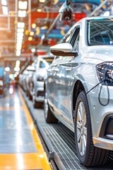 Efficient modern car manufacturing assembly line in a bustling factory optimizing production