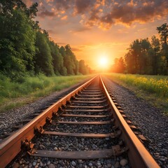 Railway in the sunset against background of beautiful nature. Generative AI