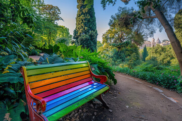 Obraz premium Rainbow Park Bench in Lush Morning Garden