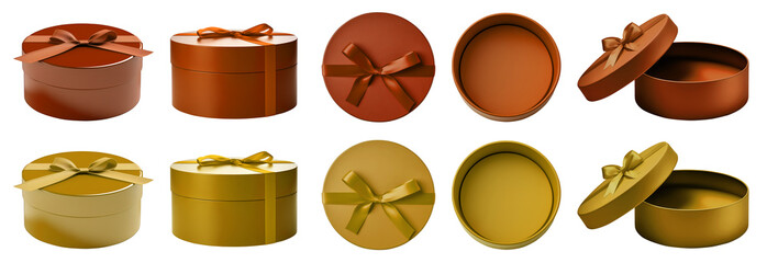 2 Set of yellow orange mustard gift present round circle box with bow ribbon on transparent cutout PNG file. Mockup template for artwork design. open close top side flat lay view many different angle