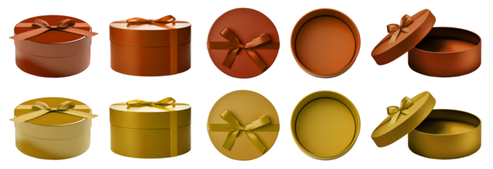 2 Set of yellow orange mustard gift present round circle box with bow ribbon on transparent cutout PNG file. Mockup template for artwork design. open close top side flat lay view many different angle