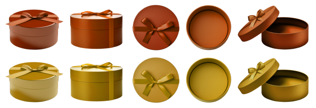 2 Set of yellow orange mustard gift present round circle box with bow ribbon on transparent cutout PNG file. Mockup template for artwork design. open close top side flat lay view many different angle