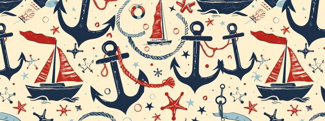 Nautical-themed pattern with anchors, ropes, and sailboats.