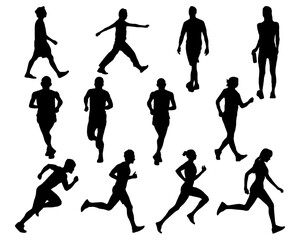 set of running  , marathon, jogging silhouettes, man and women,  suitable for sport template design.