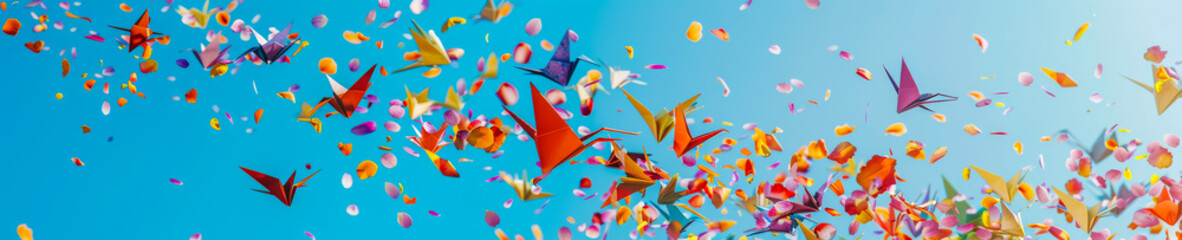 Explosion of Floral Petals and Origami Birds in a Colorful Display