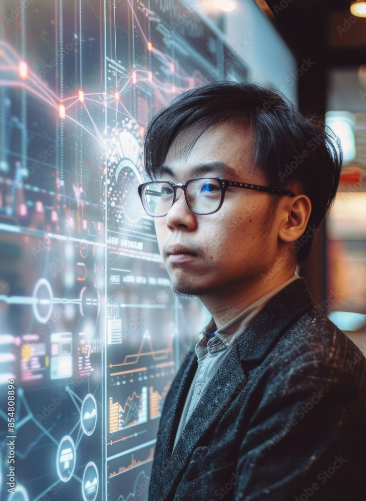 Poster a man wearing glasses examines a large digital screen with various graphs and data visualizations