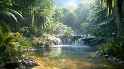 Tranquil Waterway in the Rainforest Calm Flowing Stream and Serene Cliff Views Provide a Soothing Escape for the Spirit
