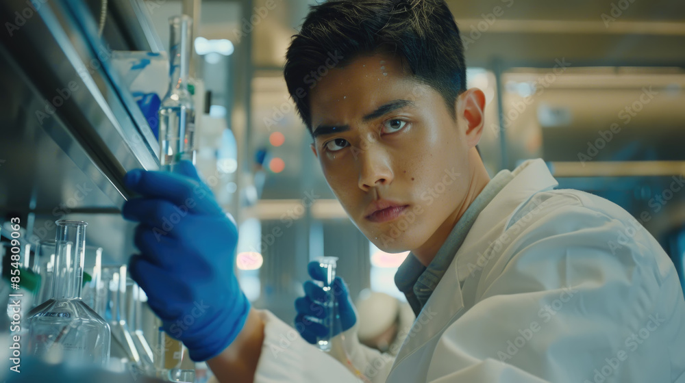 Poster a young scientist in a lab coat works with glassware in a laboratory setting