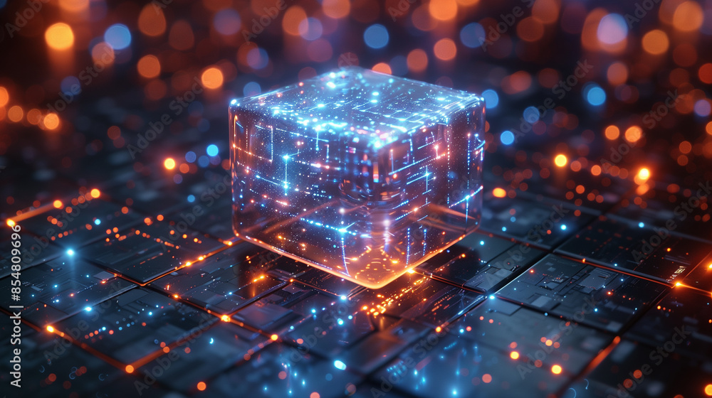 Poster glowing cube on a computer motherboard