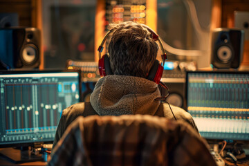 Fototapeta premium A man is sitting in front of a computer with headphones on and a hoodie on