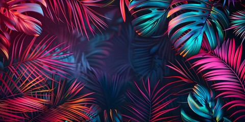 Tropische neonfarbene Palmenblätter auf dunklem Hintergrund.