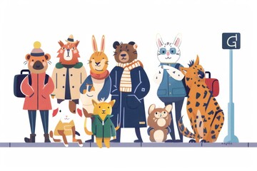 A joyful scene of animals in travel outfits sharing a lighthearted moment at a bustling train station. The illustration is set against a clear white background.