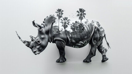 Obraz premium Rhinoceros in palm leaves, abstract black and white graphic background image of the animal