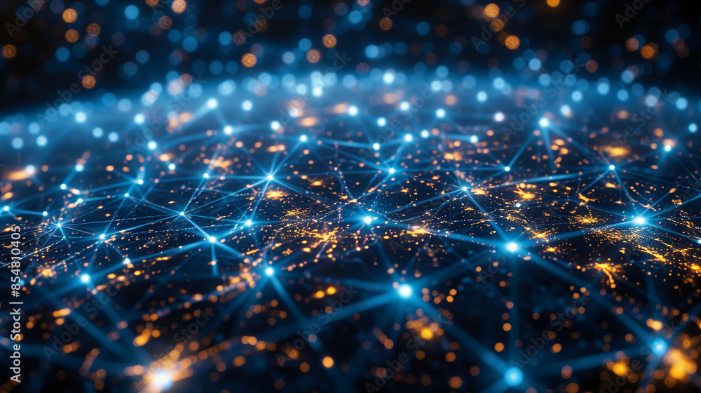 Poster a glowing network of interconnected points with blue lines and orange lights, resembling a digital w