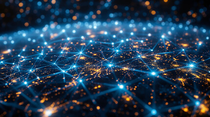 Obraz premium A glowing network of interconnected points with blue lines and orange lights, resembling a digital web