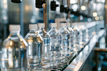Bottles of water are being produced on a conveyor belt