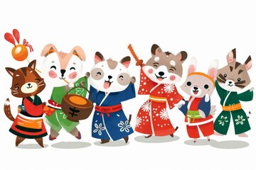 A group of happy animals in traditional outfits, dancing at a festival in Kyoto, Japan. Illustration on a clear white background --ar 3:2 --style raw Job ID: 76ab5aa3-b45c-46a9-a934-309a0db09489