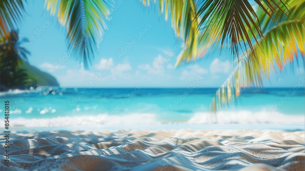Poster blurred background of beautiful white sandy beach with palm trees and blue ocean water. summer vacat