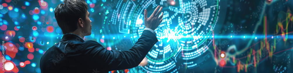Poster a man in a suit reaches out to touch a large, glowing digital interface filled with data and graphs.
