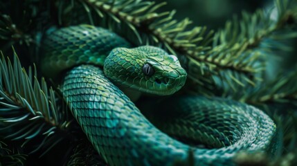 Fototapeta premium Green Viper Snake Coiled on Pine Branch, Generative AI