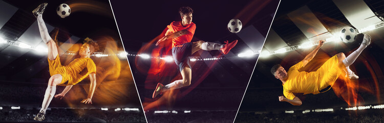 Collage. Young men, soccer players in red and yellow uniform in mid-air pose, hitting ball in motion on stadium with flashlights. Concept of sport, competition, tournament. Banner for football game
