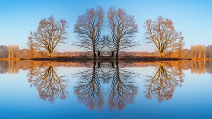 Obraz premium Tree mirrored in lake on sunny spring day with autumn hues and clear blue skies Symmetrical Reflectance