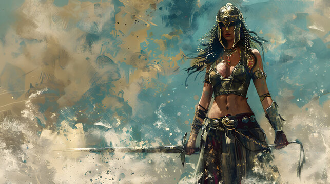 Illustration of a female Amazon warrior in mythical armor.



