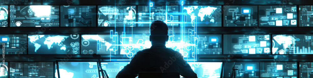 Poster a person sits in front of a wall of computer screens displaying various data streams, in a dark room