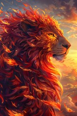 Naklejka premium Phoenix Lion: A Fantastical Rendition of a Lion with Fiery Feathers Against a Sunset Sky