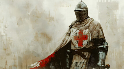 Painting of a medieval Crusader knight with a red cross emblem.


