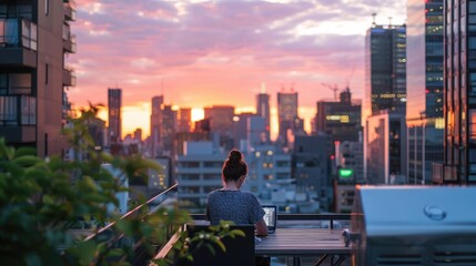 Urban Lifestyle - Person Relaxing While Working on Rooftop Terrace with City Skyline in Background
