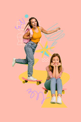 Vertical photo collage of two happy teenage girls classmates ride penny board activity hold backpack school isolated on painted background