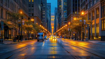 A quiet street in Chicago at dusk, with tall buildings lining the sides and the setting sun casting a warm glow on the wet pavement
