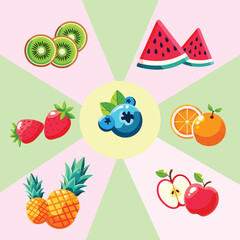 Pile of various fruits in flat style. Pineapple, kiwi, orange, banana, blueberry, apple, strawberry. Vector illustration in cartoon character. EPS 10