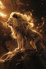 Blazing Majesty: A Fiery Lion in an Epic Digital Fantasy Scene