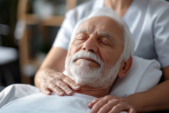 A senior man with a white beard is receiving a face massage at a spa. He has his eyes closed and is visibly relaxed. The masseuse is gently applying pressure to his face and neck