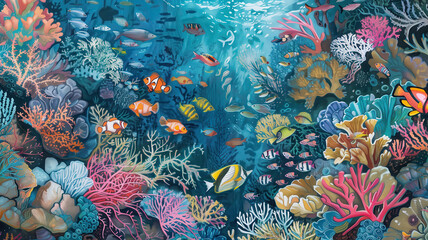 An underwater scene showcasing a colorful coral reef with diverse marine life and vivid corals.