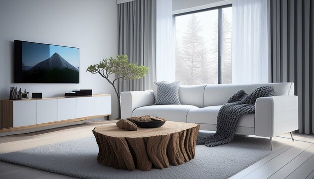 Nature Meets Elegance: Tree Stump Coffee Table in a Minimalist Living Room"