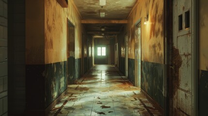 A dark, eerie corridor in an abandoned building with decayed walls and floors, illuminated by dim light.