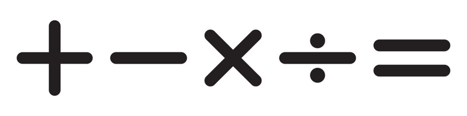 Plus, minus, multiply, divide and equal sign icon design set. Calculation and Mathematical sign symbol icon.  Addition, subtraction, multiplication, division, equal sign, icon symbol.