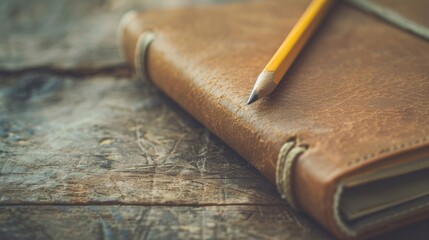 Selective focus on notebook and pencil set on vintage wooden table for copy area